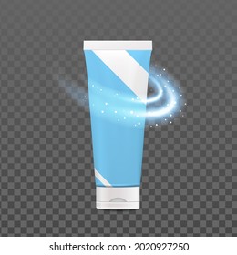 Toothpaste Blank Tube Package And Sparkle Vector. Aromatic Refreshment Toothpaste Packaging For Brushing And Care Mouth Tooth. Health Care Procedure Template Realistic 3d Illustration