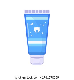 Toothpaste of blue tube flat icon. Dental care hygiene. Vector stock illustration in cartoon style isolated on white background.