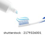 Toothpaste with brush, blank mock up tube. Dental care, whitening, brushing and orthodontic healthcare. Realistic 3d vector illustration