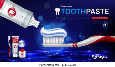 Toothpaste, brush, dental floss and tooth on glowing water surface at nighttime. Brand poster with dental care product, night repair mouthwash. Advertising promo banner, Realistic 3d vector background