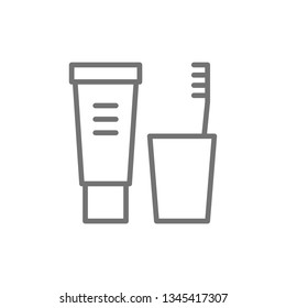 Toothpaste and brush, dental hygiene line icon.