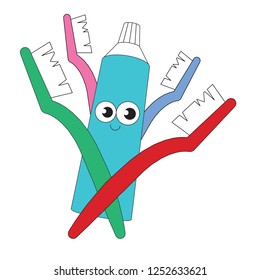 Toothpaste and brush funny smiley cartoon. Outlined illustration with thin line black stroke