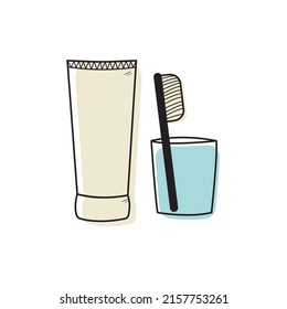Toothpaste with brush in glass jar doodle style, vector illustration isolated on white background. Black outline contour, dental care, oral hygiene concept