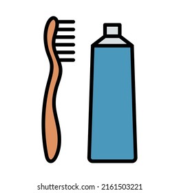 Toothpaste And Brush Icon. Editable Bold Outline With Color Fill Design. Vector Illustration.