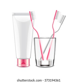 Toothpaste and brush isolated on white photo-realistic vector illustration