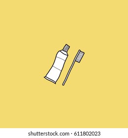 Toothpaste and brush teeth icon with pastel yellow Background.,Drawing Cartoon style.,vector.,illustration.