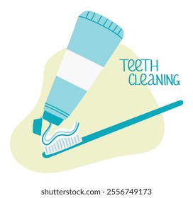 Toothpaste with brush. Vector illustration with toothpaste on brush. Concept Dental care, whitening, teeth cleaning and orthodontic healthcare.