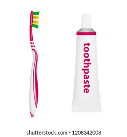 Toothpaste and brush in vector on white background.