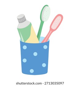 Pasta de dientes y cepillos en taza, kit dental. Ilustración de la taza del cepillo y de la goma, sistema del cuidado oral. Taza del cepillo de dientes con el tubo, artículos esenciales del cuarto de baño