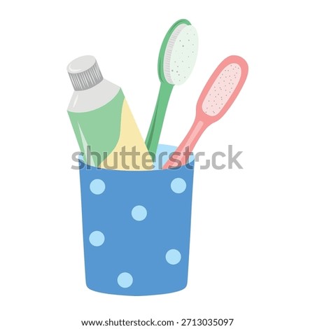 Toothpaste and brushes in cup, dental kit. Brush and paste cup illustration, oral care set. Toothbrush cup with tube, bathroom essentials