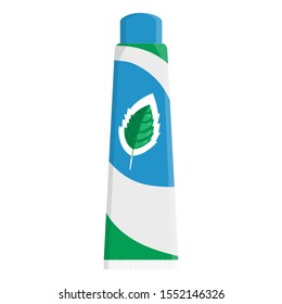 Toothpaste cartoon template with mint leaf isolated on white background. Teeth protection, oral care, dental health concept design for toothpaste packaging, poster. Vector illustration for any design.