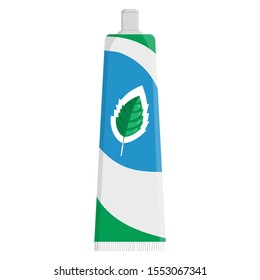 Toothpaste cartoon template with mint leaf isolated on white background. Teeth protection, oral care, dental health concept design for toothpaste packaging, poster. Vector illustration for any design.