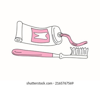 Dibujo de pasta dental y cepillo de dientes en estilo doodle. Atención dental. Odontología, higiene y productos de salud dental. Vector.