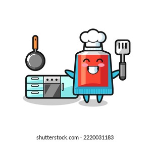 toothpaste character illustration as a chef is cooking , cute design