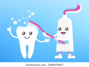 Toothpaste cleans a tooth with a toothbrush. Dental health, dentistry concept. Oral hygiene. Flat cartoon vector illustration for childrens clinic.