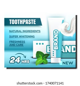 Toothpaste Creative Promotional Banner Vector. Toothpaste Blank Package And Tube, Gel And Green Mint Leaves On Bright Advertising Marketing Poster. Colorful Concept Template Illustration