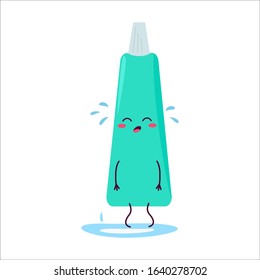 Toothpaste. Cute cartoon character sad crying. Caricature, animation. Vector graphics. For advertising, children's decor, packaging, brochures
