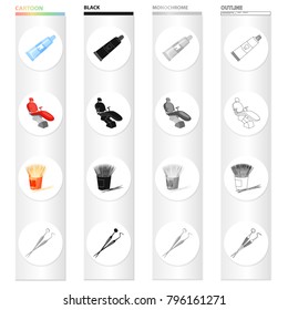 Toothpaste for dental care, an armchair, toothpicks, a tool, a mirror and a probe. Dental care set collection icons in cartoon black monochrome outline style vector symbol stock illustration web.