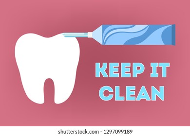Toothpaste for a dental care on a tooth. Equipment for keeping teeth clean. Healthcare concept. Isolated flat vector illustration
