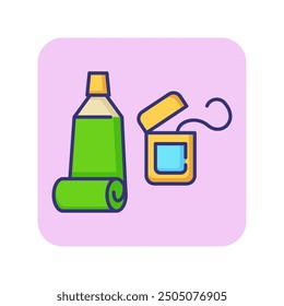 Toothpaste and dental floss line icon. Dental care, hygiene, routine. Medicine concept. Vector illustration can be used for topics like dentistry, bathroom, products