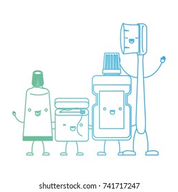 toothpaste and dental floss and mouthwash and toothbrush in cartoon holding hands in degraded green to blue color contour vector illustration