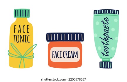 Toothpaste, face cream, tonic vector icons set. Bottles with cosmetics for skin care, moisturizing, brushing teeth. Eco products for a healthy lifestyle. Flat clipart for beauty. Isolated on white  