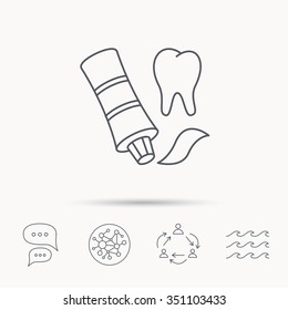 Toothpaste icon. Teeth health care sign. Global connect network, ocean wave and chat dialog icons. Teamwork symbol.