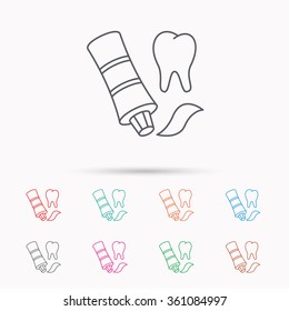 Toothpaste icon. Teeth health care sign. Linear icons on white background.