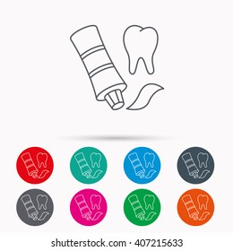 Toothpaste icon. Teeth health care sign. Linear icons in circles on white background.