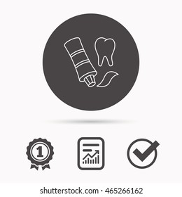 Toothpaste icon. Teeth health care sign. Report document, winner award and tick. Round circle button with icon. Vector