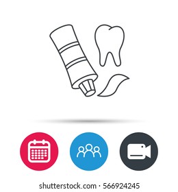 Toothpaste icon. Teeth health care sign. Group of people, video cam and calendar icons. Vector