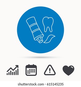 Toothpaste icon. Teeth health care sign. Calendar, attention sign and growth chart. Button with web icon. Vector