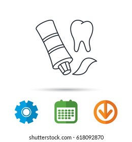 Toothpaste icon. Teeth health care sign. Calendar, cogwheel and download arrow signs. Colored flat web icons. Vector