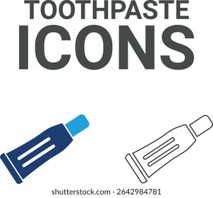 Toothpaste icons, Line art icons containing tooth, dentist, toothpaste, toothbrush, teeth, implant, and dentistry icons. Solid icon collection. Vector illustration.