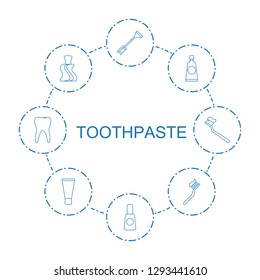 toothpaste icons. Trendy 8 toothpaste icons. Contain icons such as toothbrush, cream tube, tooth, tooth brush. toothpaste icon for web and mobile.