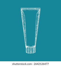 Toothpaste illustration, sketch vector line drawing. In-home dental hygiene, dental care. Vector hand drawn outline drawing