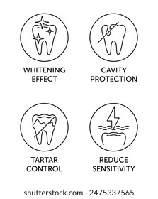 Toothpaste main characteristics icons set - Cavity protection, Whitening, Reduce sensitivity, Tartar control. Pictograms for labeling in thin line