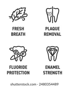 Toothpaste main characteristics icons set - Fresh breath, Plaque removal, Fluoride protection, Enamel strength. Pictograms for labeling in bold line