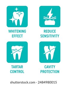 Toothpaste main characteristics icons set - Cavity protection, Whitening, Reduce sensitivity, Tartar control. Pictograms for labeling, flat style, square shape