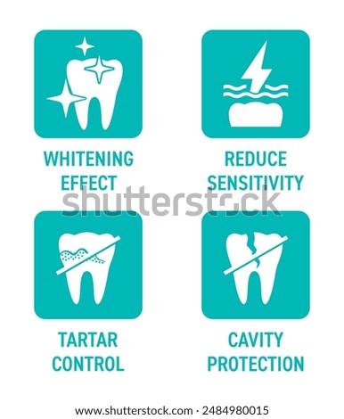 Toothpaste main characteristics icons set - Cavity protection, Whitening, Reduce sensitivity, Tartar control. Pictograms for labeling, flat style, square shape