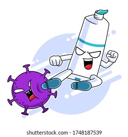 Toothpaste mascot character kicking corona virus, fight against virus concept