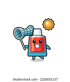 toothpaste mascot illustration is catching butterfly , cute design