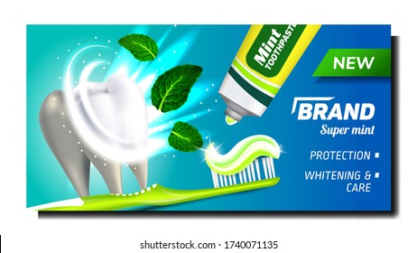 Toothpaste With Mint Advertising Poster Vector. Toothpaste Blank Tube And Toothbrush For Cleaning And Brush Tooth Bright Advertise Marketing Banner. Color Concept Template Illustration