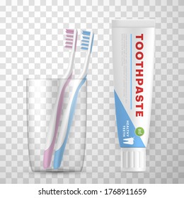 Toothpaste mockup and toothbrushes blue, pink are in glass cup. Personal, oral hygiene supplies, toiletries. Dental, stomatological vector realistic illustration isolated on transparent background.