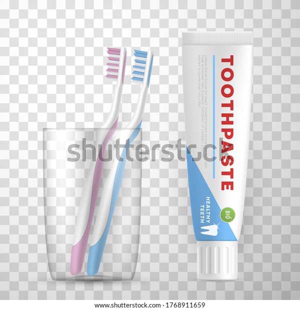 Download Toothpaste Mockup Toothbrushes Blue Pink Glass Stock Vector Royalty Free 1768911659