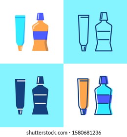 Toothpaste and mouth wash icon set in flat and line style. Teeth hygiene and care symbol. Stomatology vector illustration.