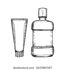 Toothpaste and mouthwash vector sketch illustration set. Dental and oral hygiene tools, dental care. Hand-drawn doodle outline