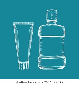 Toothpaste and mouthwash vector sketch illustration set. Dental and oral hygiene tools, dental care. Hand drawn doodle outline