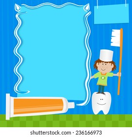 Toothpaste Note - Cute character is holding a toothbrush and standing next to a blank sign. Eps10