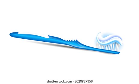 Toothpaste On Toothbrush Dental Hygiene Vector. Mouth Tooth Brush And Toothpaste For Brushing And Care Mouth Organ. Treatment Procedure Morning And Evening Routine Template Realistic 3d Illustration